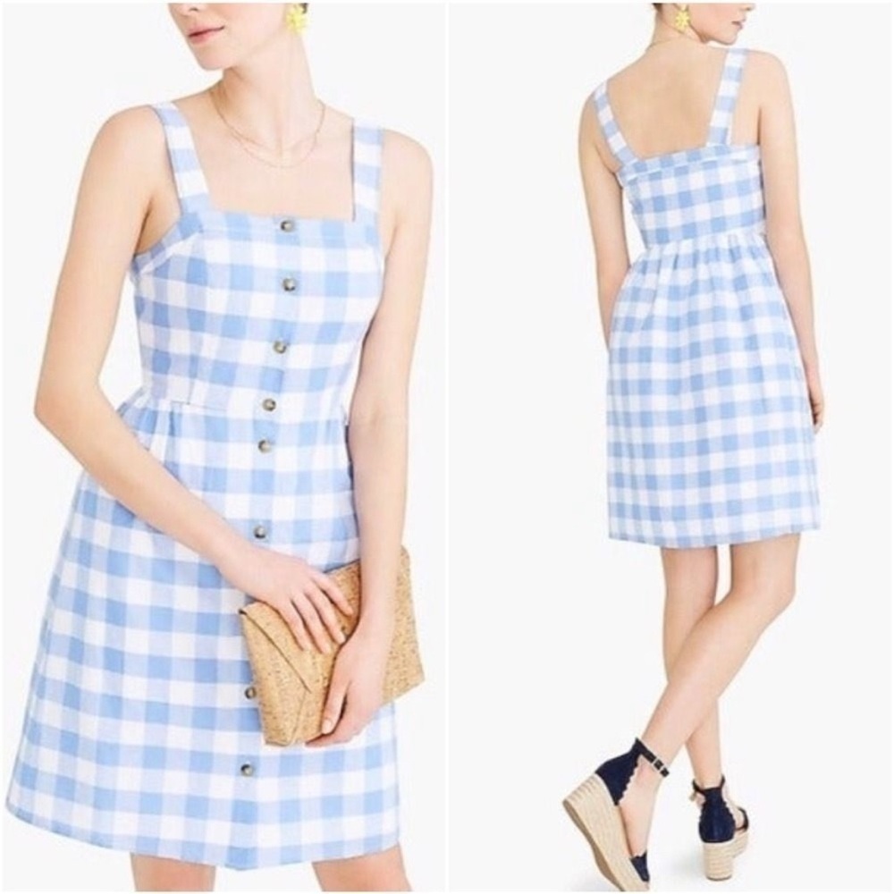 J.Crew Blue & White Gingham Button Down Linen Blend Preppy Dress Womens Size 12